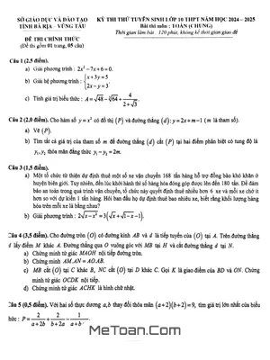 Đề thi thử vào lớp 10 môn Toán (chung) năm 2024 - 2025 sở GD&ĐT Bà Rịa - Vũng Tàu