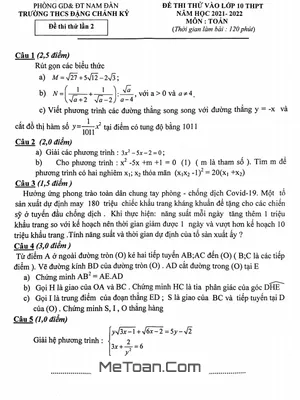 Đề thi thử Toán vào lớp 10 năm 2021 - 2022 trường THCS Đặng Chánh Kỷ - Nghệ An