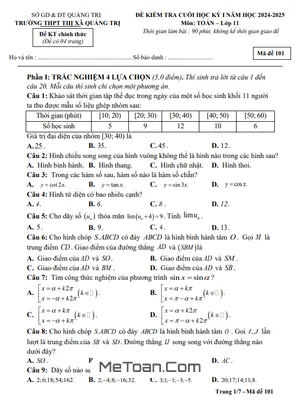 Đề thi học kỳ 1 Toán 11 năm 2024 - 2025 trường THPT Thị xã Quảng Trị