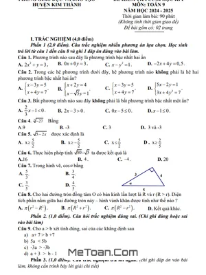 Đề thi học kì 1 Toán 9 năm 2024 - 2025 phòng GD&ĐT Kim Thành - Hải Dương
