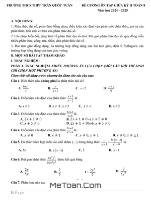 Đề Cương ôn tập Giữa Kỳ 2 Môn Toán Lớp 8 Năm 2024 - 2025 - Trường THCS & THPT Trần Quốc Tuấn - Hà Nội