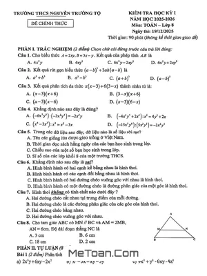Đề Thi Học Kỳ 1 Môn Toán 8 Năm Học 2025 – 2026 Trường THCS Nguyễn Trường Tộ – Hà Nội