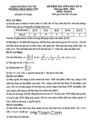 Đề Giữa Học Kỳ 2 Toán 9 Năm Học 2025 – 2026 Trường THCS Nhật Tân – Hà Nội
