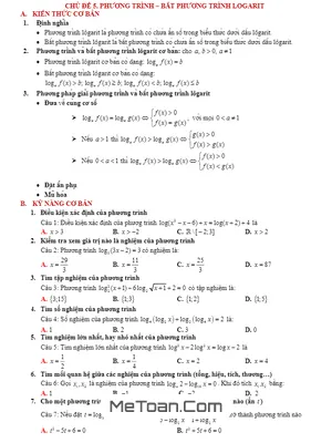 Tóm Tắt Lý Thuyết Và Bài Tập Trắc Nghiệm Phương Trình Và Bất Phương Trình Logarit