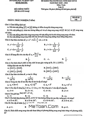 Đề thi học kì 2 Toán 11 năm 2020 - 2021 sở GD&ĐT Bình Phước (Mã đề 140)