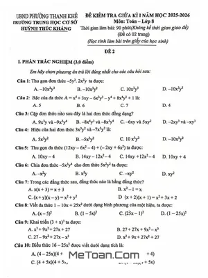 Tải Đề Thi Giữa Kì 1 Toán 8 Năm 2025-2026 Trường THCS Huỳnh Thúc Kháng - Đà Nẵng (Có Đáp Án)