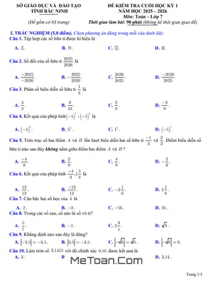 Đề kiểm tra cuối học kỳ 1 Toán 7 năm 2025 – 2026 sở GD&ĐT Bắc Ninh