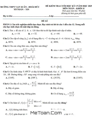 Đề Thi Cuối Học Kỳ 1 Toán 11 Năm 2025 – 2026 Trường THPT Vạn Xuân – Hà Nội Có Đáp Án