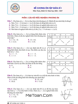 Đề Cương Ôn Tập Giữa Học Kỳ 1 Toán 12 Năm 2026-2027 Trường THPT Trương Vĩnh Ký, Vĩnh Long