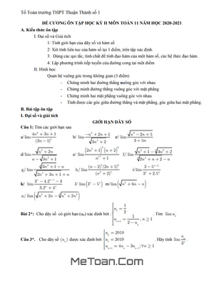 Đề Cương Ôn Tập Toán 11 Học Kì 2 Năm 2020 - 2021 Trường Thuận Thành 1 - Bắc Ninh