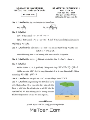 Đề thi học kì 1 Toán 10 năm 2022 - 2023 trường THPT Trần Quốc Tuấn - TP.HCM (Có đáp án)