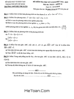Đề thi học kỳ 1 Toán 10 năm 2018 - 2019 trường THPT Bùi Thị Xuân - TP.HCM
