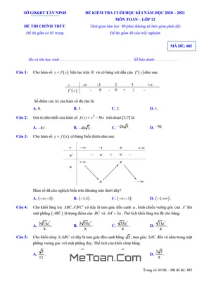 Đề thi Toán 12 cuối kỳ 1 năm 2020 - 2021 sở GD&ĐT Tây Ninh (có đáp án)