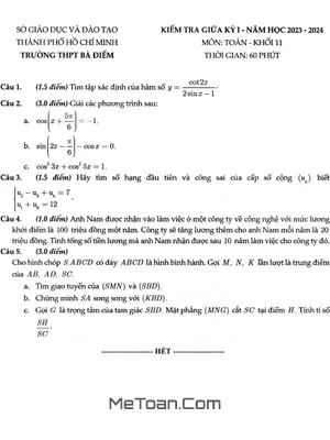 Đề Thi Giữa Kỳ 1 Toán 11 Năm 2023 - 2024 Trường THPT Bà Điểm - TP HCM