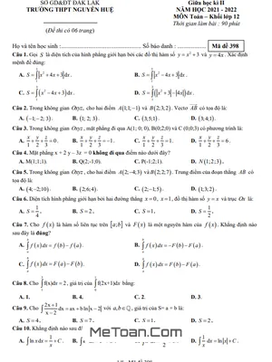 Đề thi giữa kì 2 Toán 12 năm 2021-2022 trường THPT Nguyễn Huệ - Đắk Lắk