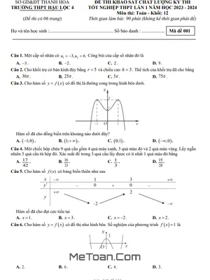 Đề KSCL Toán 12 Lần 1 năm 2024 trường THPT Hậu Lộc 4 - Thanh Hóa