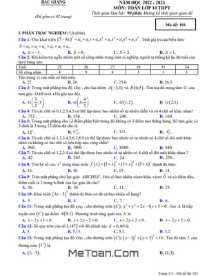 Đề thi học kì 2 Toán 10 năm 2022 - 2023 sở GD&ĐT Bắc Giang