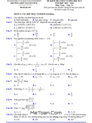 Đề thi học kì 1 Toán 11 năm 2023 - 2024 trường THPT Nguyễn Huệ - Nam Định