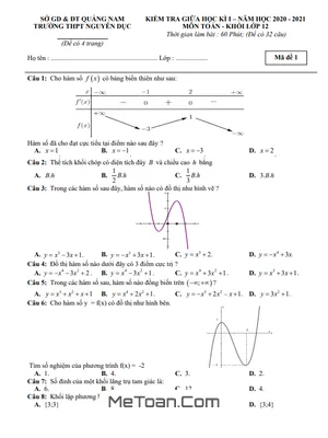 Đề thi giữa HK1 Toán 12 năm 2020 - 2021 trường THPT Nguyễn Dục - Quảng Nam