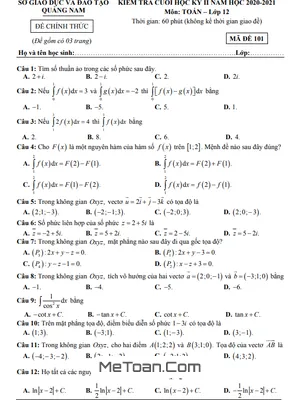 Đề thi học kỳ 2 Toán 12 năm 2020 - 2021 sở GD&ĐT Quảng Nam (có đáp án)