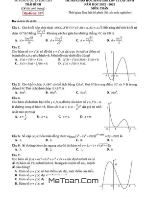 Đề thi học sinh giỏi Toán 12 cấp tỉnh năm 2022 - 2023 Sở GD&ĐT Thái Bình