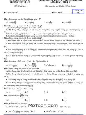 Đề thi cuối kỳ 2 Toán 11 năm 2020-2021 trường THPT Lê Lợi - Quảng Trị