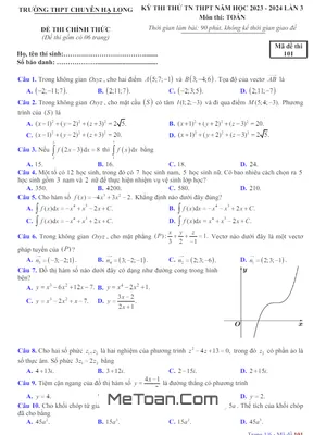 Đề thi thử TN THPT 2024 môn Toán lần 3 trường chuyên Hạ Long – Quảng Ninh