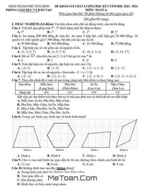 Đề thi học kỳ 1 Toán lớp 6 năm 2023 - 2024 phòng GD&ĐT thành phố Thái Bình
