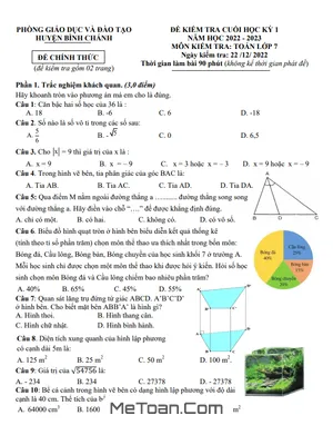 Đề thi học kì 1 Toán 7 năm 2022 - 2023 phòng GD&ĐT Bình Chánh - TP HCM
