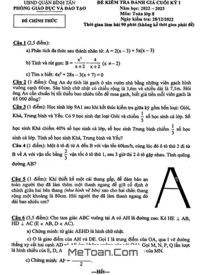 Đề thi học kỳ 1 Toán lớp 8 năm 2022 - 2023 phòng GD&ĐT Bình Tân - TP.HCM