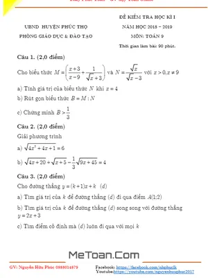 Đề thi học kỳ 1 Toán lớp 9 năm 2018 - 2019 phòng GD&ĐT Phúc Thọ - Hà Nội (có lời giải)