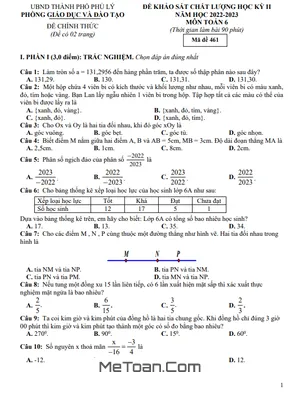 Đề thi học kỳ 2 Toán lớp 6 năm 2022 - 2023 phòng GD&ĐT Phủ Lý - Hà Nam