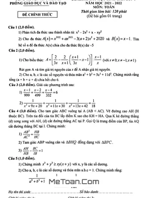Đề thi học sinh giỏi Toán 8 năm 2021 - 2022 phòng GD&ĐT Kim Thành - Hải Dương
