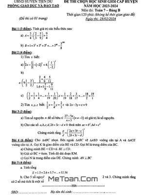 Đề thi học sinh giỏi Toán 7 năm 2023 - 2024 phòng GD&ĐT Tiên Du - Bắc Ninh