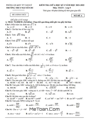 Đề thi giữa học kỳ 1 Toán 9 năm 2021 - 2022 trường THCS Nguyễn Du - Quảng Nam