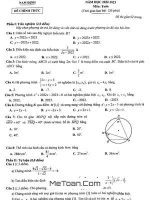 Đề thi tuyển sinh lớp 10 môn Toán không chuyên Sở GD&ĐT Nam Định năm 2022 - 2023
