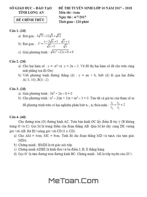 Đề thi tuyển sinh lớp 10 môn Toán năm 2017-2018 sở GD&ĐT Long An
