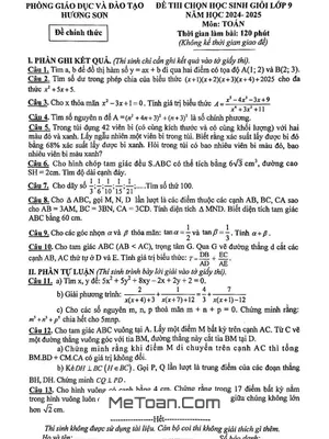 Đề thi chọn HSG Toán 9 năm 2024 - 2025 phòng GD&ĐT Hương Sơn, Hà Tĩnh