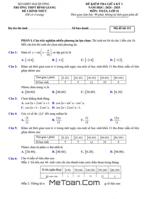 Đề Thi Giữa Kỳ 1 Toán 11 Năm 2024 - 2025 Trường THPT Bình Giang - Hải Dương