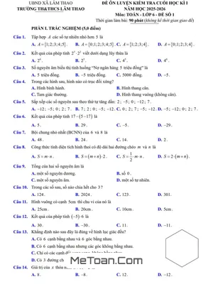 Đề ôn luyện cuối kì 1 Toán 6 năm 2025 – 2026 trường TH&THCS Lâm Thao – Bắc Ninh