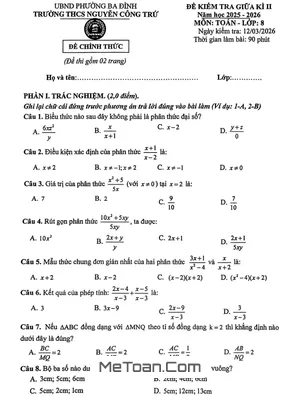 Đề thi Giữa Học kì 2 Môn Toán Lớp 8 Năm học 2025 – 2026 trường THCS Nguyễn Công Trứ, Hà Nội