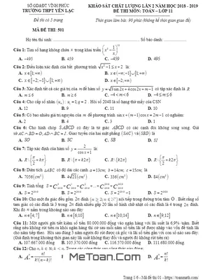Đề KSCL Toán 11 Lần 2 Năm 2018 - 2019 Trường THPT Yên Lạc - Vĩnh Phúc