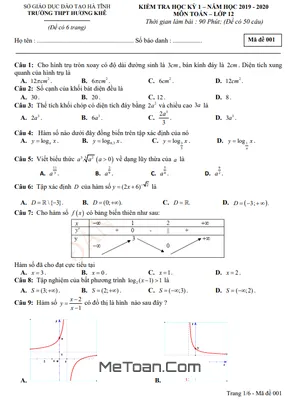 Đề thi HK1 Toán 12 năm 2019 - 2020 trường THPT Hương Khê - Hà Tĩnh