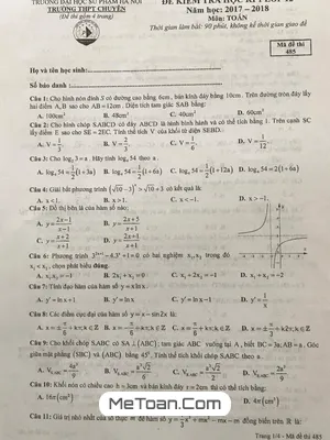 Đề kiểm tra học kỳ 1 Toán 12 năm học 2017 - 2018 trường THPT chuyên Đại học Sư Phạm Hà Nội