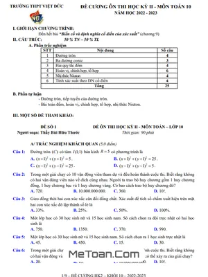 Đề Ôn Tập Học Kì 2 Toán 10 Năm 2022 - 2023 Trường THPT Việt Đức - Hà Nội