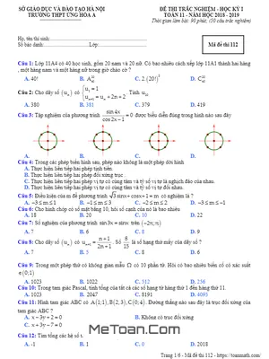Đề thi học kỳ 1 Toán 11 năm học 2018 - 2019 trường THPT Ứng Hòa A - Hà Nội
