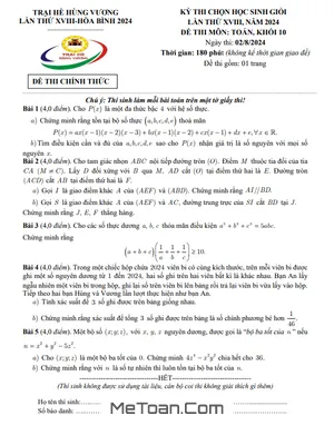 Đề thi HSG Toán 10 Trại hè Hùng Vương lần thứ 18 năm 2024 có đáp án