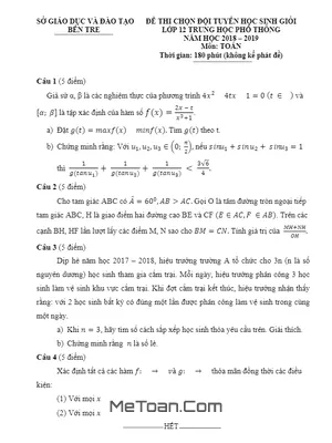 Đề thi chọn đội tuyển học sinh giỏi Toán 12 năm 2018 - 2019 sở GD&ĐT Bến Tre