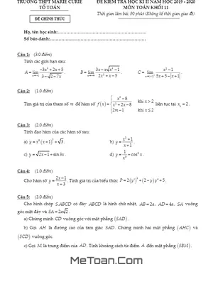 Đề thi học kì 2 Toán 11 năm 2019 - 2020 trường THPT Marie Curie - TP.HCM