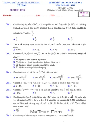 Đề Thi Thử Toán THPTQG 2019 Trường Chuyên Lê Thánh Tông - Quảng Nam Lần 1